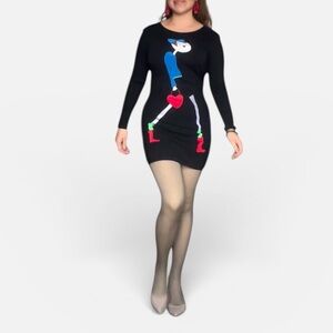 Black Graphic Long-Sleeve Bodycon Dress - Playful Figure Print -XS